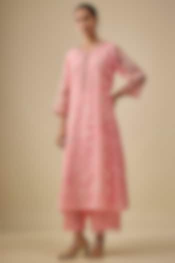 Peach Viscose Silk Floral Thread Embroidered Kurta Set by One not two at Pernia's Pop Up Shop