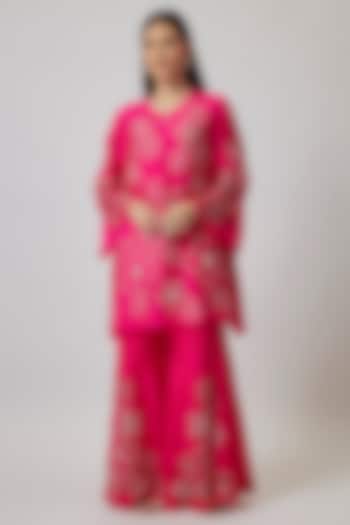 Hot Pink Viscose Silk & Silk Organza Wedding Sharara Set by One not two at Pernia's Pop Up Shop