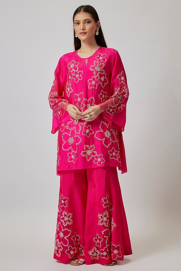 Hot Pink Viscose Silk & Silk Organza Wedding Sharara Set by One not two at Pernia's Pop Up Shop