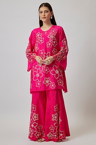 Hot Pink Viscose Silk & Silk Organza Sharara Set by One not two
