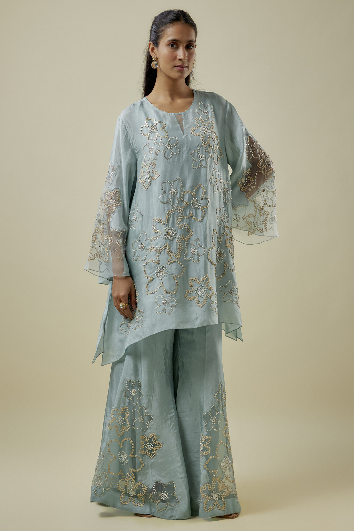 Powder Blue Viscose Silk & Silk Organza Wedding Sharara Set by One not two at Pernia's Pop Up Shop