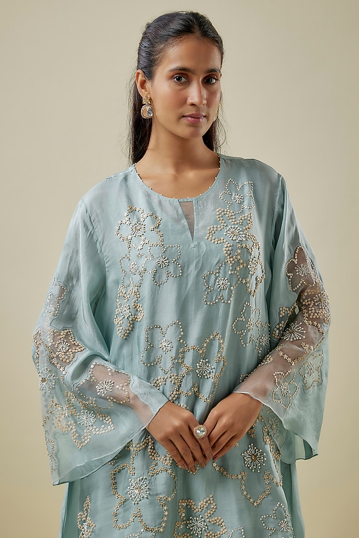 Powder Blue Viscose Silk & Silk Organza Wedding Sharara Set by One not two at Pernia's Pop Up Shop