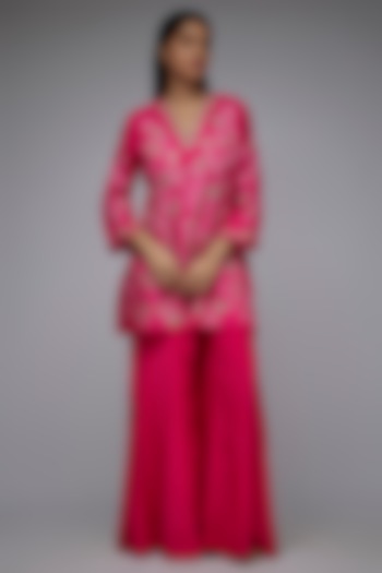 Hot Pink Viscose Silk Embroidered Kurta Set by One not two at Pernia's Pop Up Shop