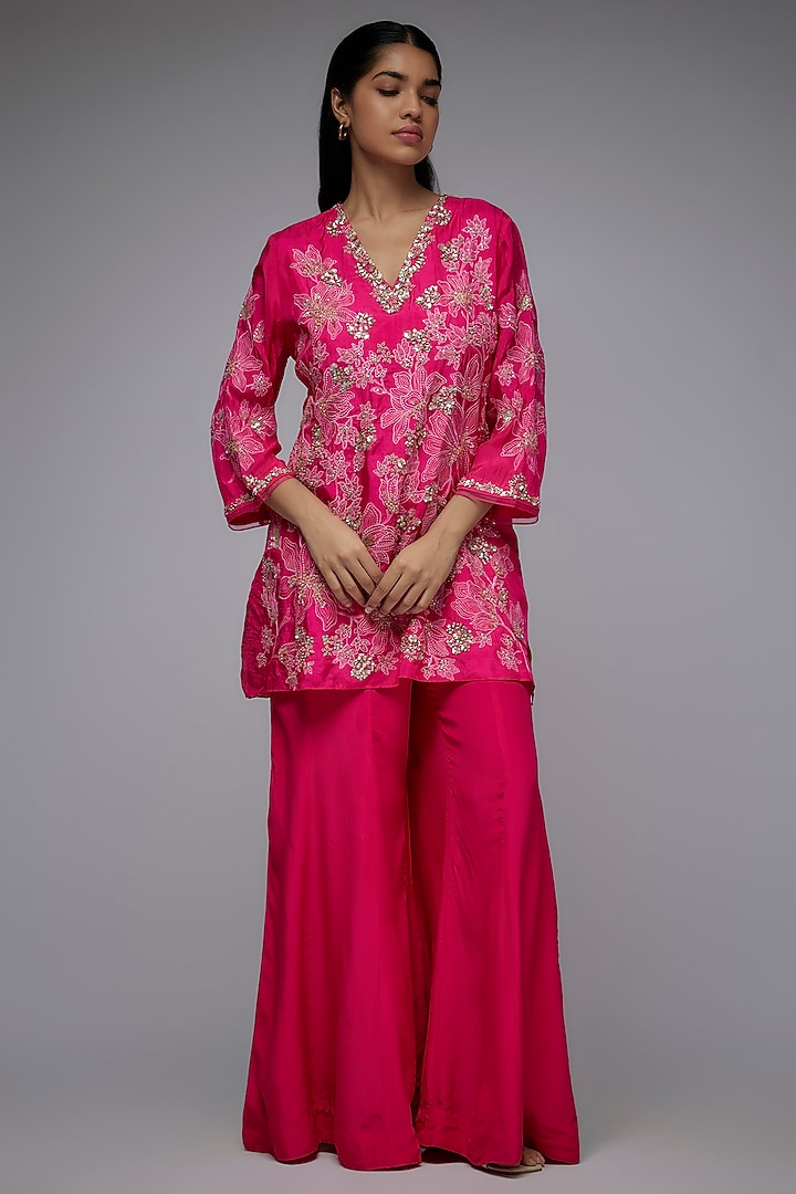 Hot Pink Viscose Silk Embroidered Kurta Set by One not two at Pernia's Pop Up Shop