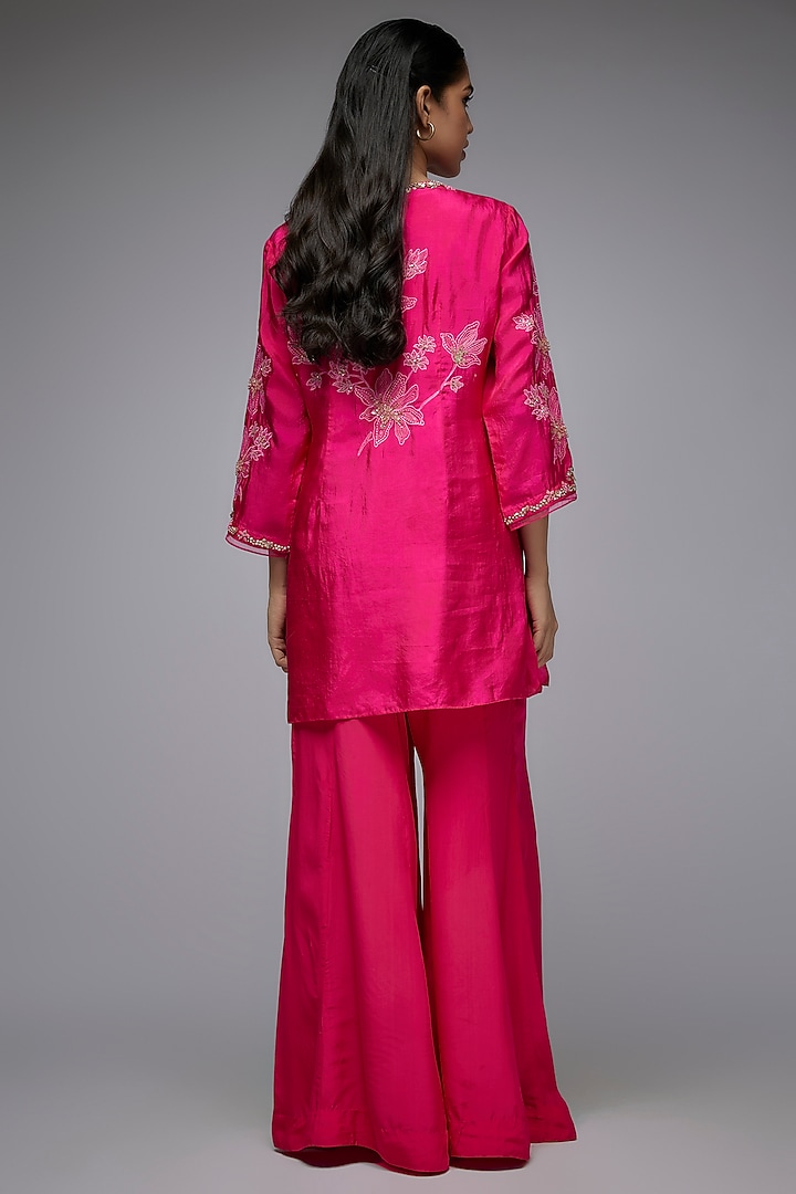 Hot Pink Viscose Silk Embroidered Kurta Set by One not two at Pernia's Pop Up Shop