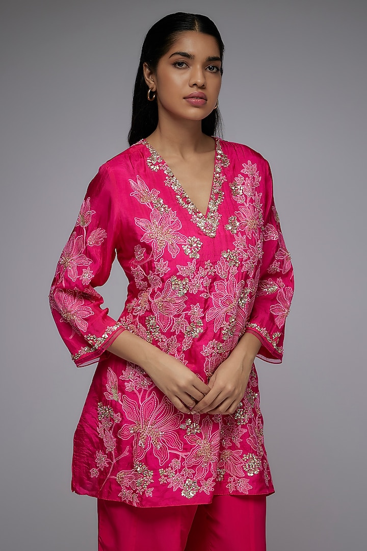 Hot Pink Viscose Silk Embroidered Kurta Set by One not two at Pernia's Pop Up Shop