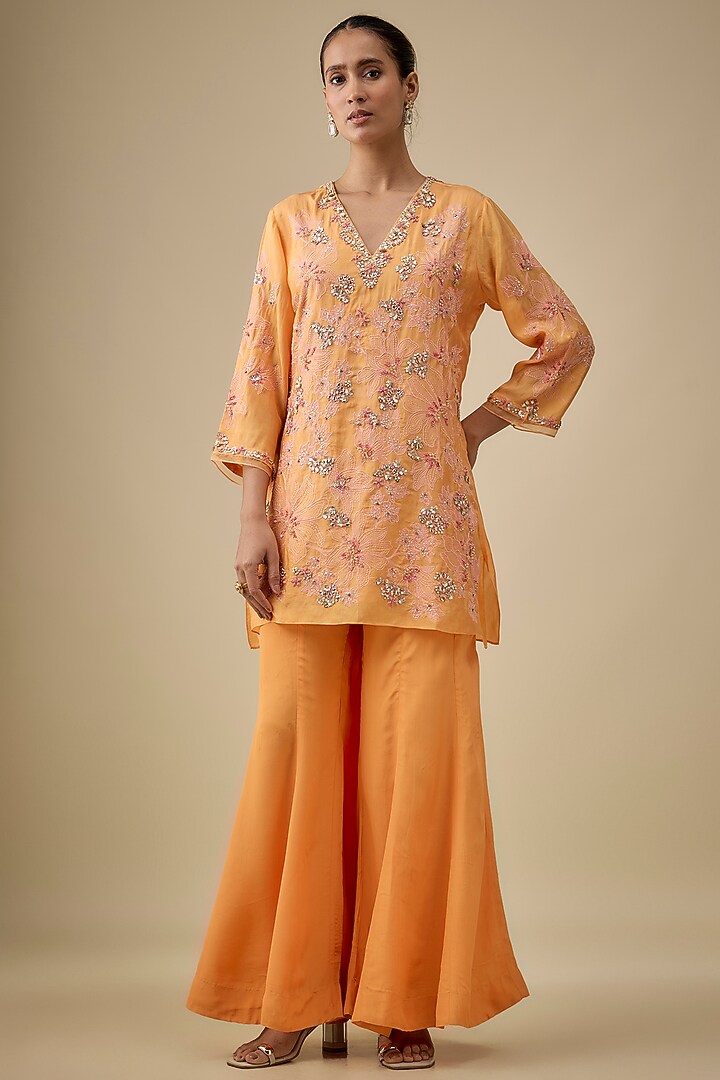 Apricot Yellow Silk Floral Thread Embroidered Wedding Sharara Set by One not two at Pernia's Pop Up Shop