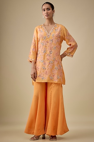 Apricot Yellow Silk Floral Thread Embroidered Sharara Set by One not two