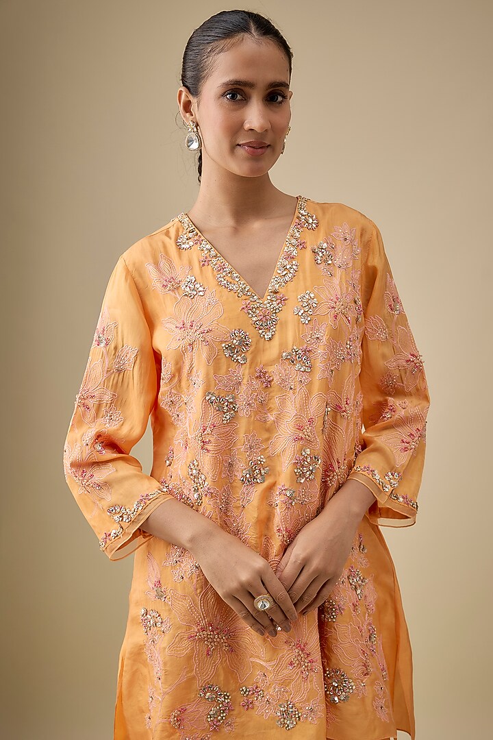 Apricot Yellow Silk Floral Thread Embroidered Wedding Sharara Set by One not two at Pernia's Pop Up Shop