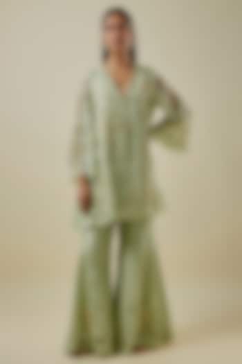 Mist-Colored Viscose Silk & Silk Organza Wedding Sharara Set by One not two at Pernia's Pop Up Shop