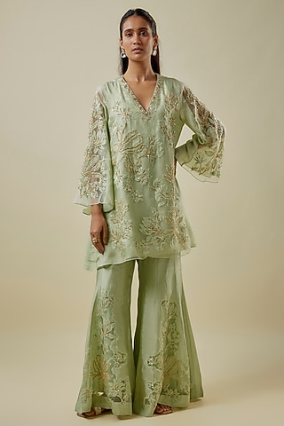 Mist-Colored Viscose Silk & Silk Organza Sharara Set by One not two