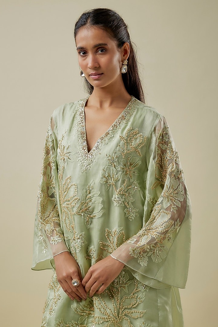 Mist-Colored Viscose Silk & Silk Organza Wedding Sharara Set by One not two at Pernia's Pop Up Shop