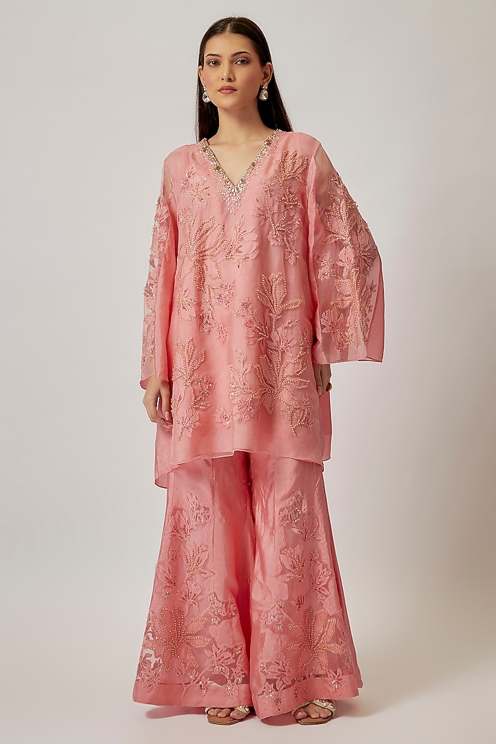 Peach Viscose Silk & Silk Organza Wedding Sharara Set by One not two at Pernia's Pop Up Shop
