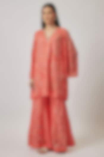 Coral Viscose Silk & Silk Organza Wedding Sharara Set by One not two at Pernia's Pop Up Shop