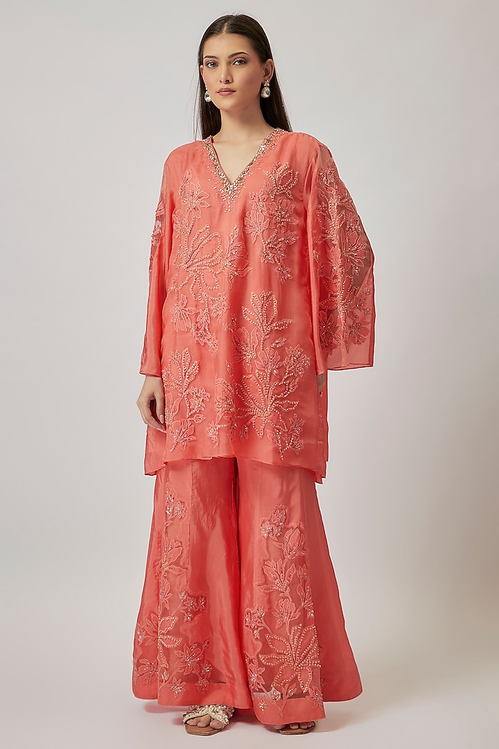 Coral Viscose Silk & Silk Organza Wedding Sharara Set by One not two at Pernia's Pop Up Shop