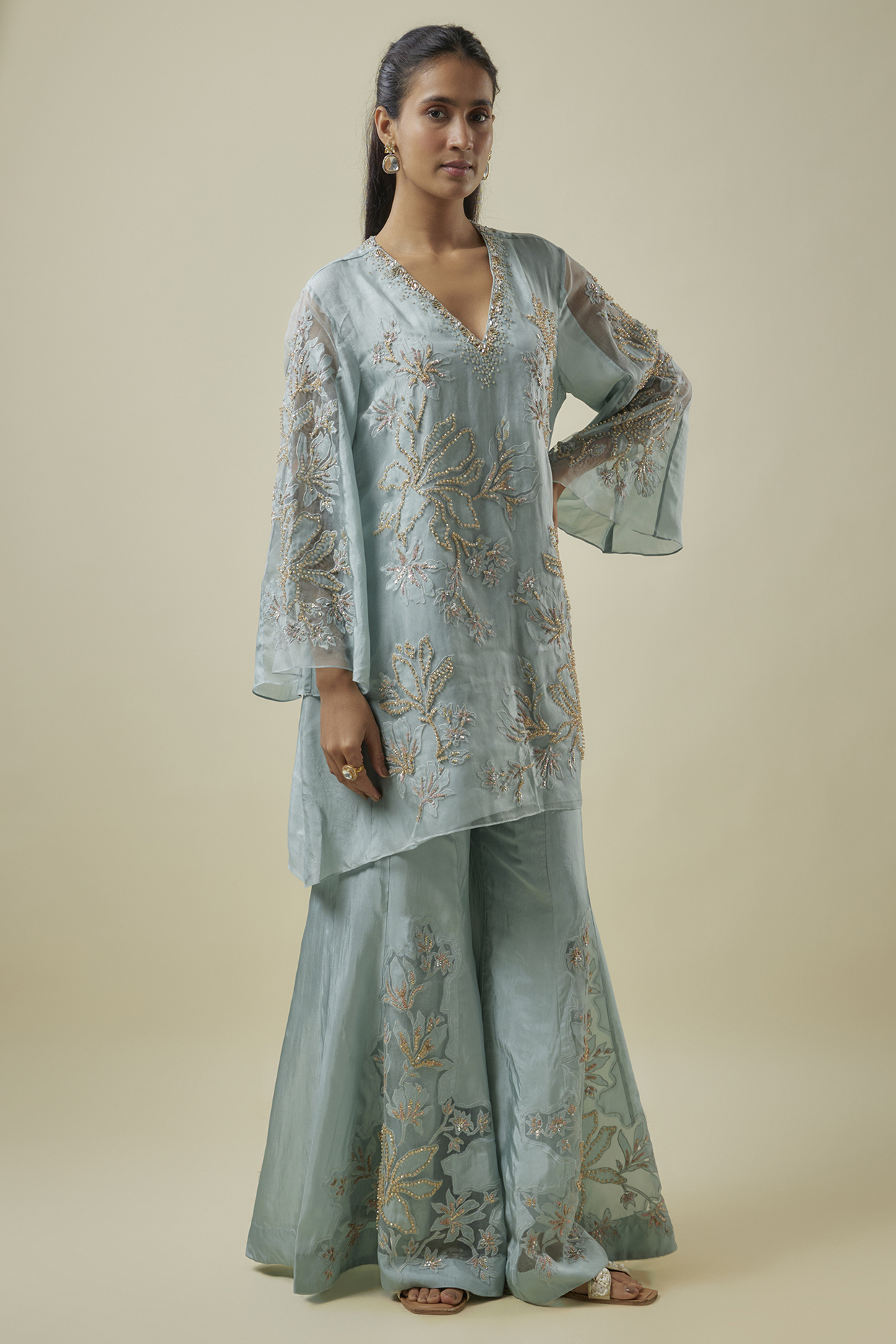 Powder Blue Viscose Silk & Silk Organza Wedding Sharara Set by One not two at Pernia's Pop Up Shop