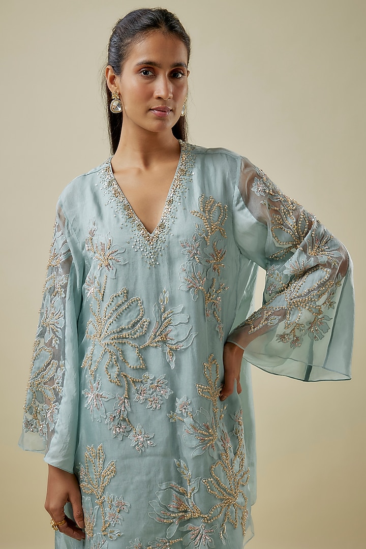 Powder Blue Viscose Silk & Silk Organza Wedding Sharara Set by One not two at Pernia's Pop Up Shop