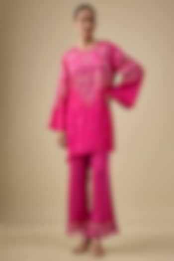 Hot Pink Silk Floral Applique Embroidered Co-Ord Set by One not two at Pernia's Pop Up Shop