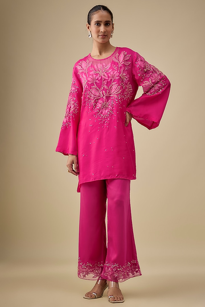 Hot Pink Silk Floral Applique Embroidered Co-Ord Set by One not two at Pernia's Pop Up Shop