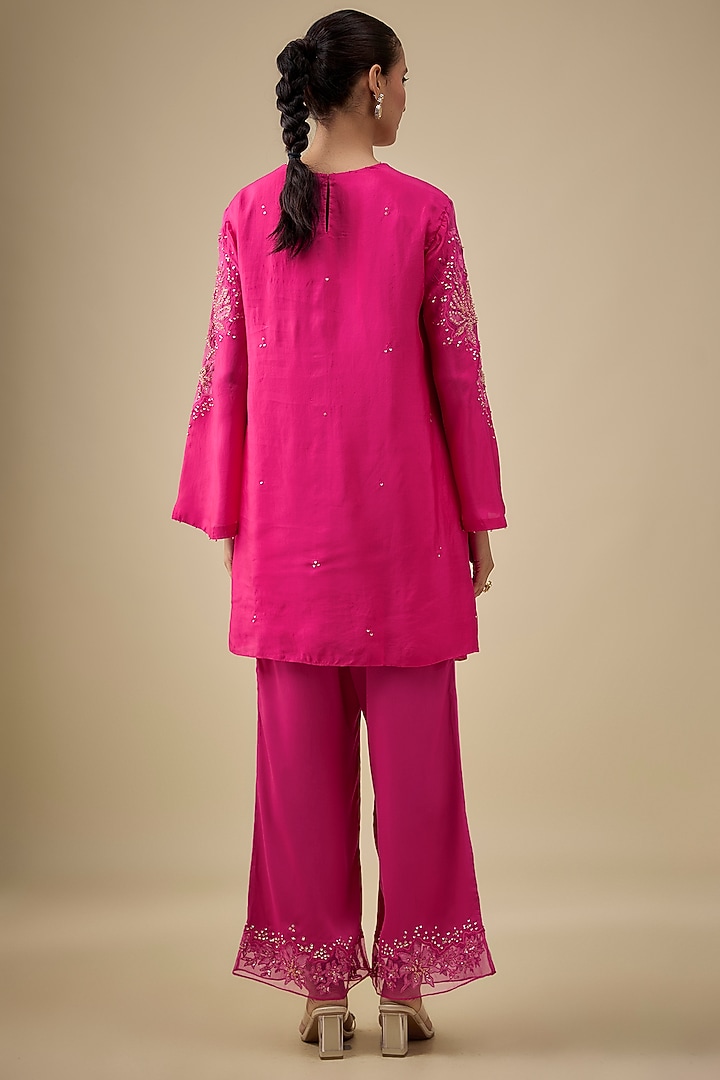 Hot Pink Silk Floral Applique Embroidered Co-Ord Set by One not two at Pernia's Pop Up Shop