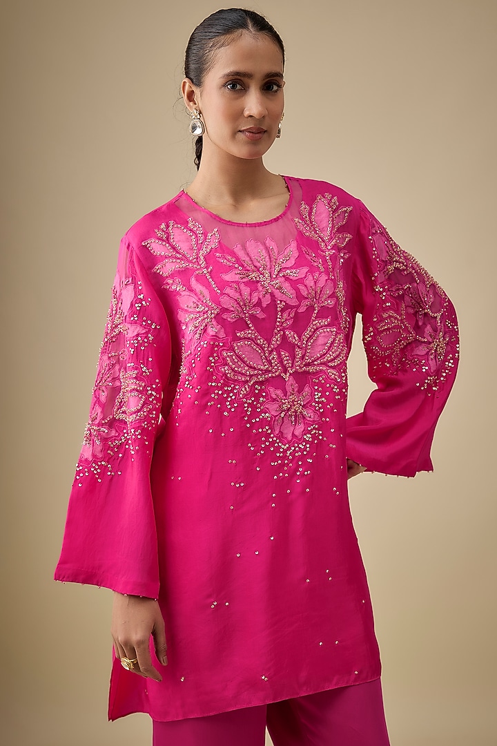Hot Pink Silk Floral Applique Embroidered Co-Ord Set by One not two at Pernia's Pop Up Shop