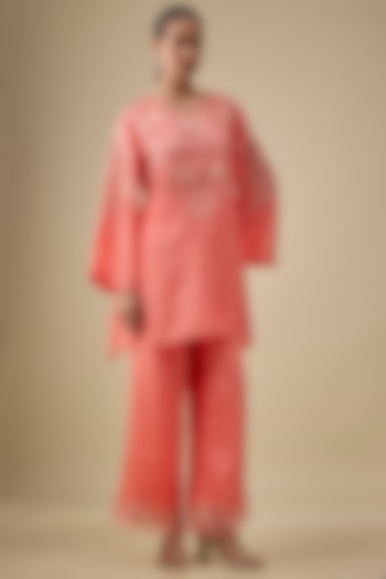 Coral Silk Floral Applique Embroidered Co-Ord Set by One not two at Pernia's Pop Up Shop