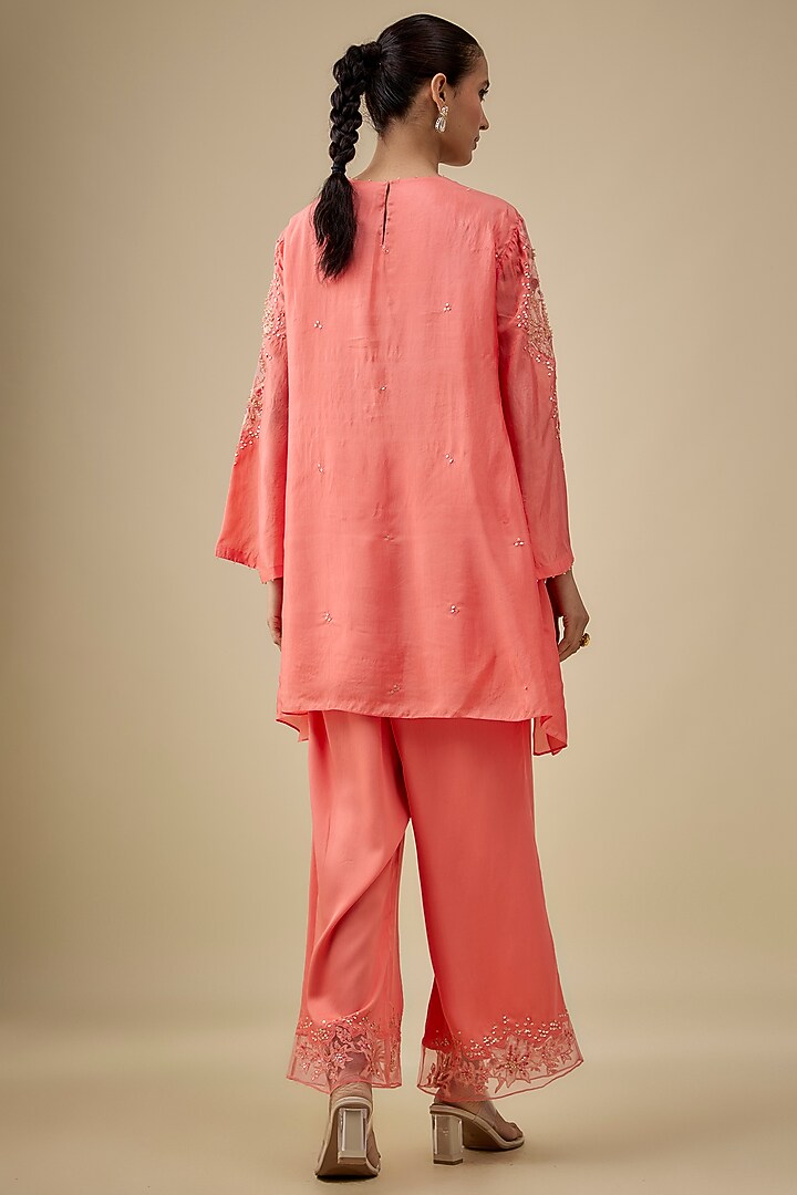 Coral Silk Floral Applique Embroidered Co-Ord Set by One not two at Pernia's Pop Up Shop