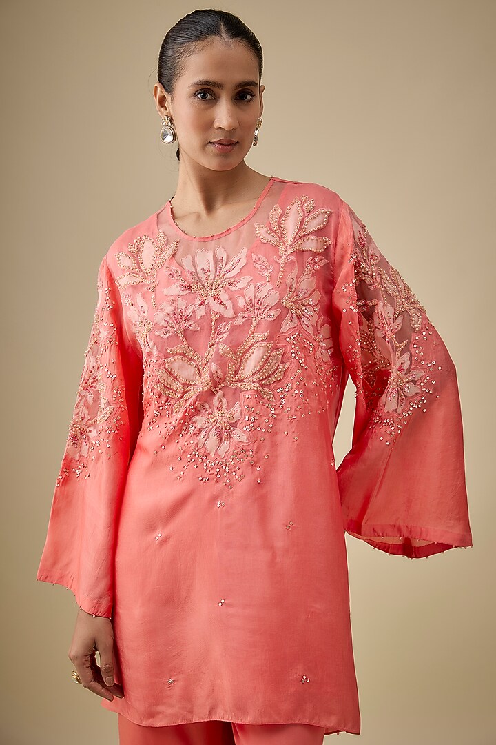 Coral Silk Floral Applique Embroidered Co-Ord Set by One not two at Pernia's Pop Up Shop