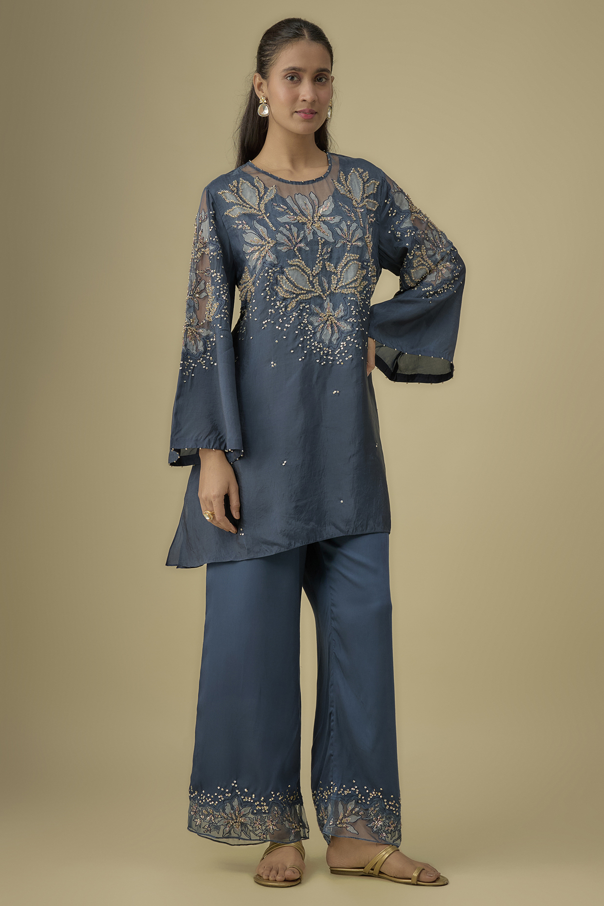 Navy Silk Sequins & Bead Embroidered Kurta Set by One not two at Pernia's Pop Up Shop