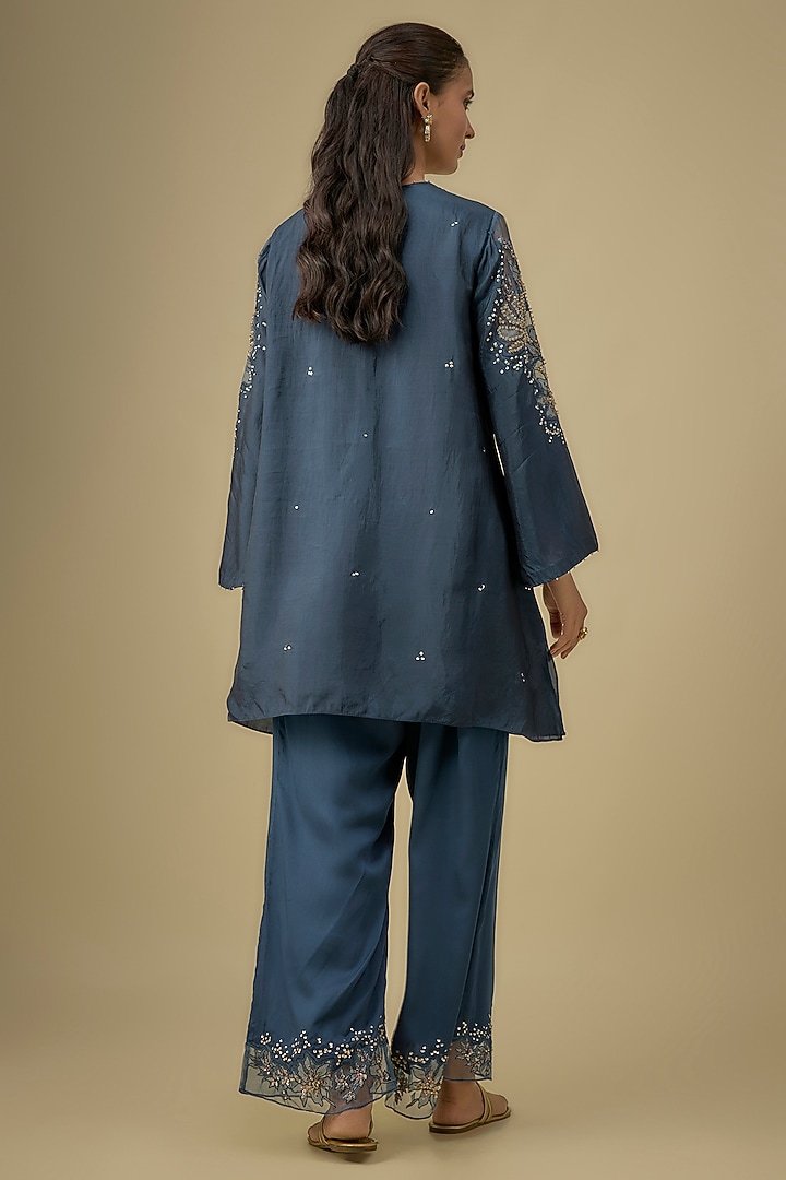 Navy Silk Sequins & Bead Embroidered Kurta Set by One not two at Pernia's Pop Up Shop