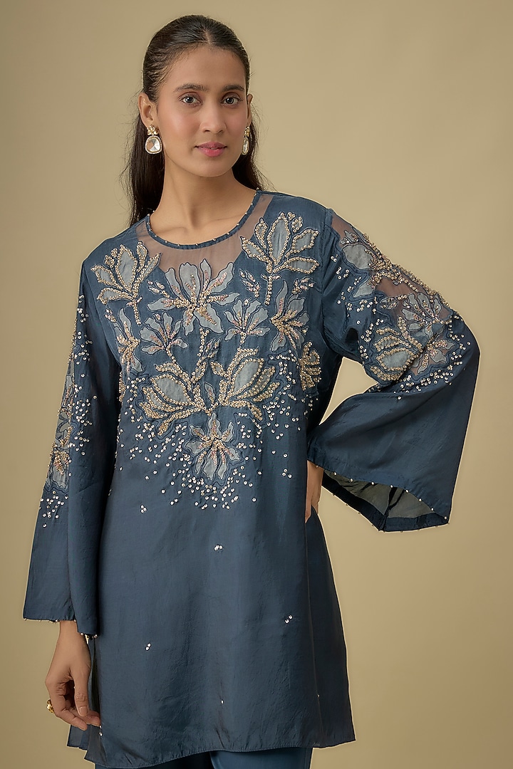Navy Silk Sequins & Bead Embroidered Kurta Set by One not two at Pernia's Pop Up Shop
