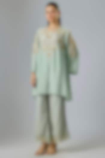 Powder Blue Silk Beads Embroidered Kurta Set by One not two at Pernia's Pop Up Shop