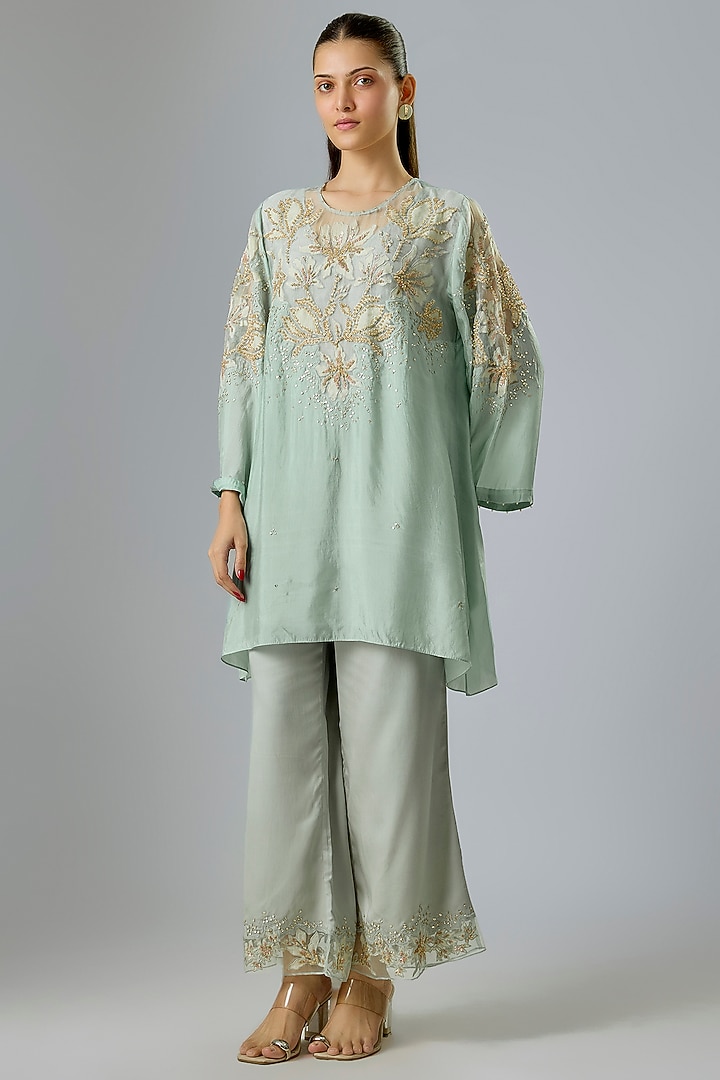 Powder Blue Silk Beads Embroidered Kurta Set by One not two at Pernia's Pop Up Shop