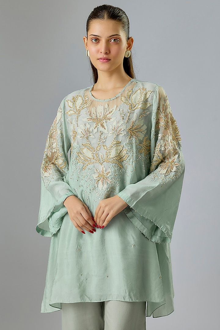 Powder Blue Silk Beads Embroidered Kurta Set by One not two at Pernia's Pop Up Shop