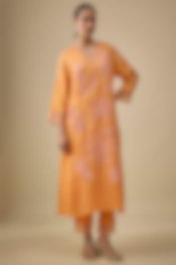 Apricot Yellow Viscose Silk Floral Thread Embroidered Kurta Set by One not two at Pernia's Pop Up Shop