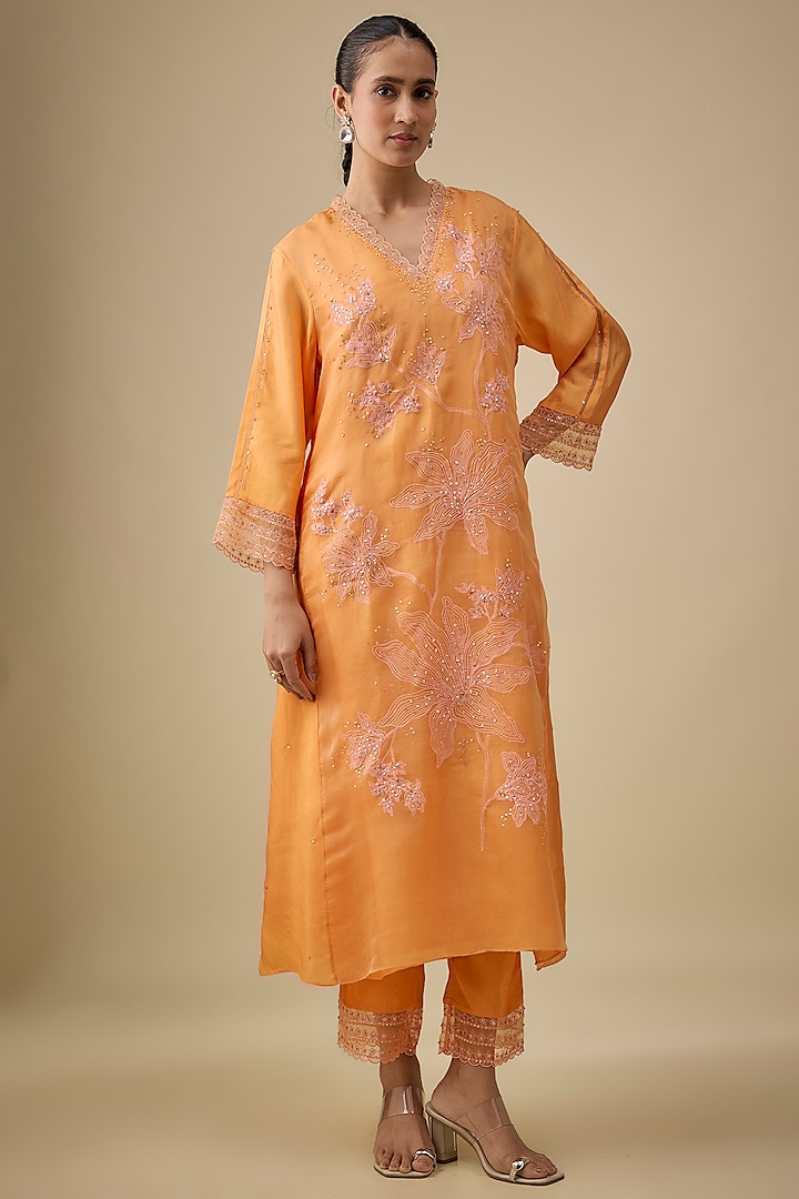 Apricot Yellow Viscose Silk Floral Thread Embroidered Kurta Set by One not two at Pernia's Pop Up Shop