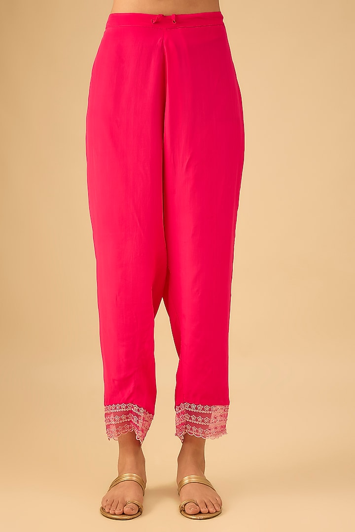 Hot Pink Viscose Silk Floral Thread Embroidered Kurta Set by One not two at Pernia's Pop Up Shop