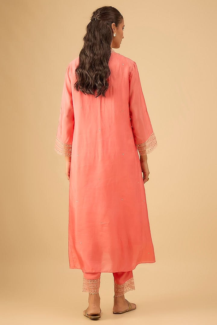Coral Viscose Silk Floral Thread Embroidered Kurta Set by One not two at Pernia's Pop Up Shop
