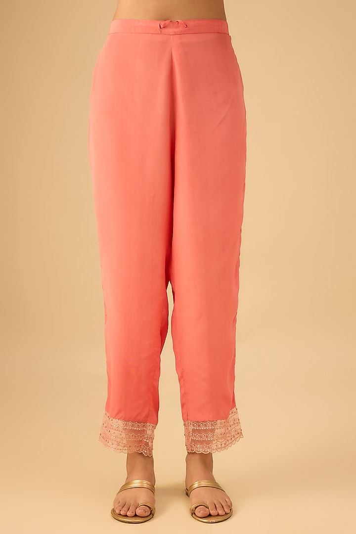 Coral Viscose Silk Floral Thread Embroidered Kurta Set by One not two at Pernia's Pop Up Shop