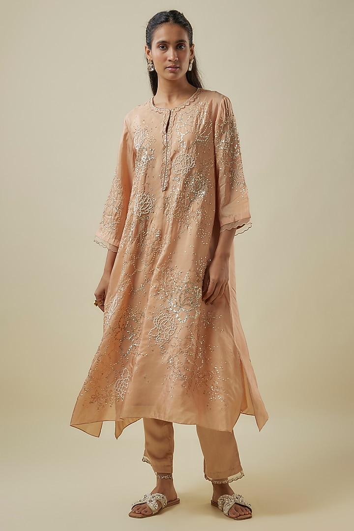 Gold Viscose Silk & Silk Organza Hand Embroidered Kurta Set by One not two at Pernia's Pop Up Shop