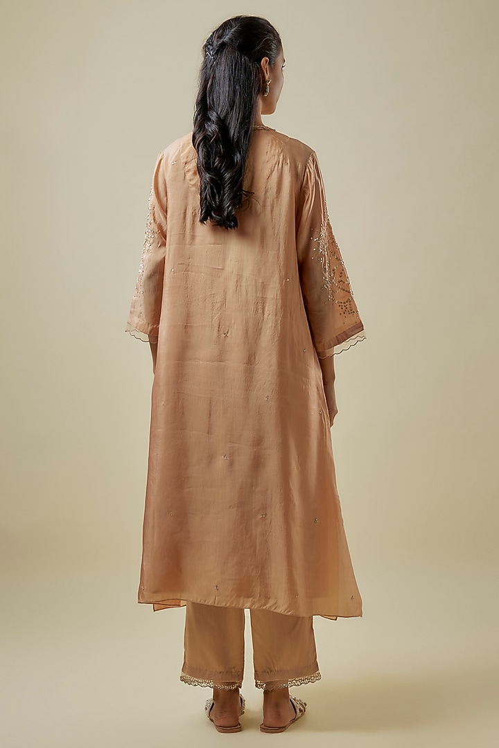 Gold Viscose Silk & Silk Organza Hand Embroidered Kurta Set by One not two at Pernia's Pop Up Shop