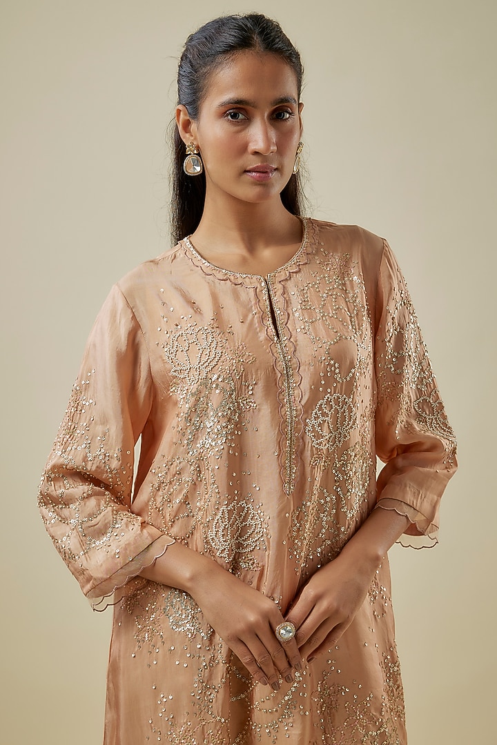 Gold Viscose Silk & Silk Organza Hand Embroidered Kurta Set by One not two at Pernia's Pop Up Shop