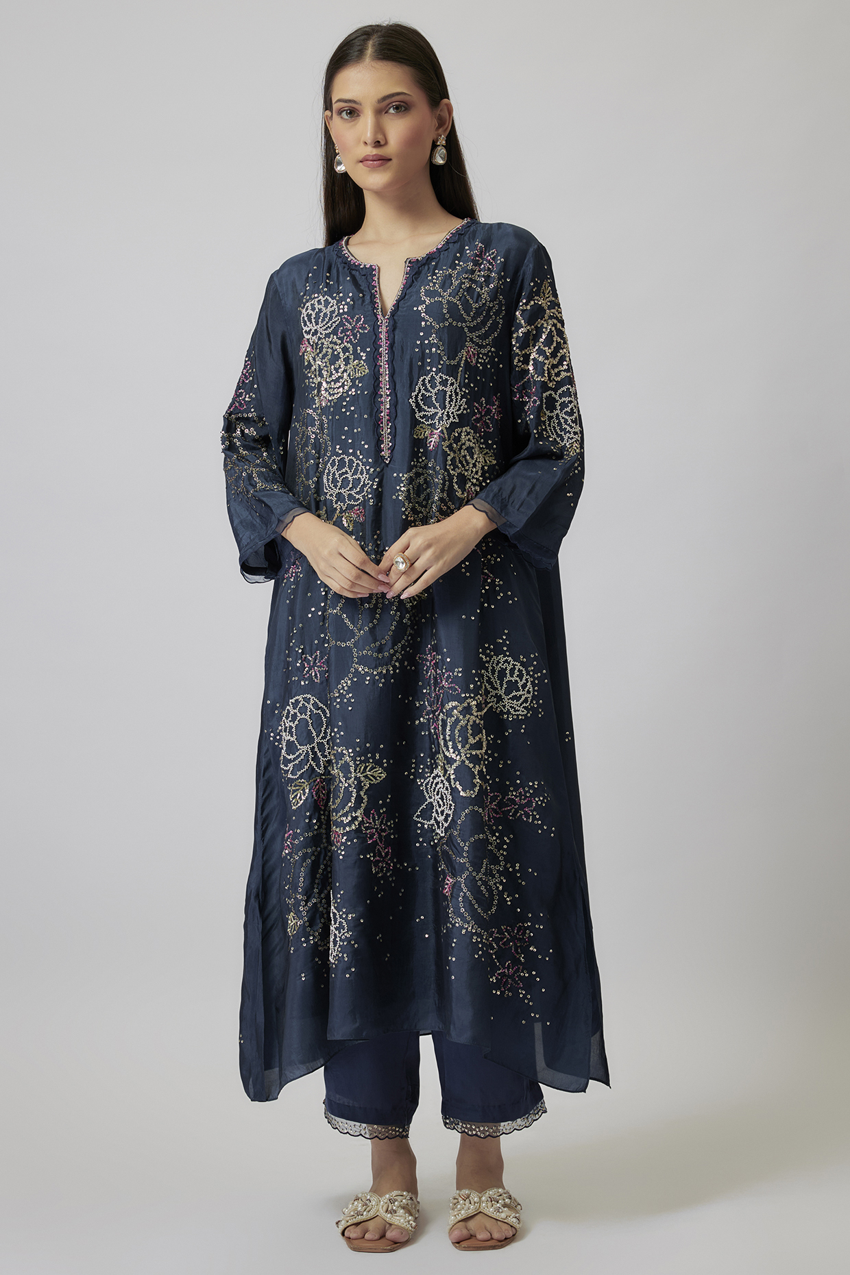 Navy Blue Viscose Silk & Silk Organza Hand Embroidered Kurta Set by One not two at Pernia's Pop Up Shop