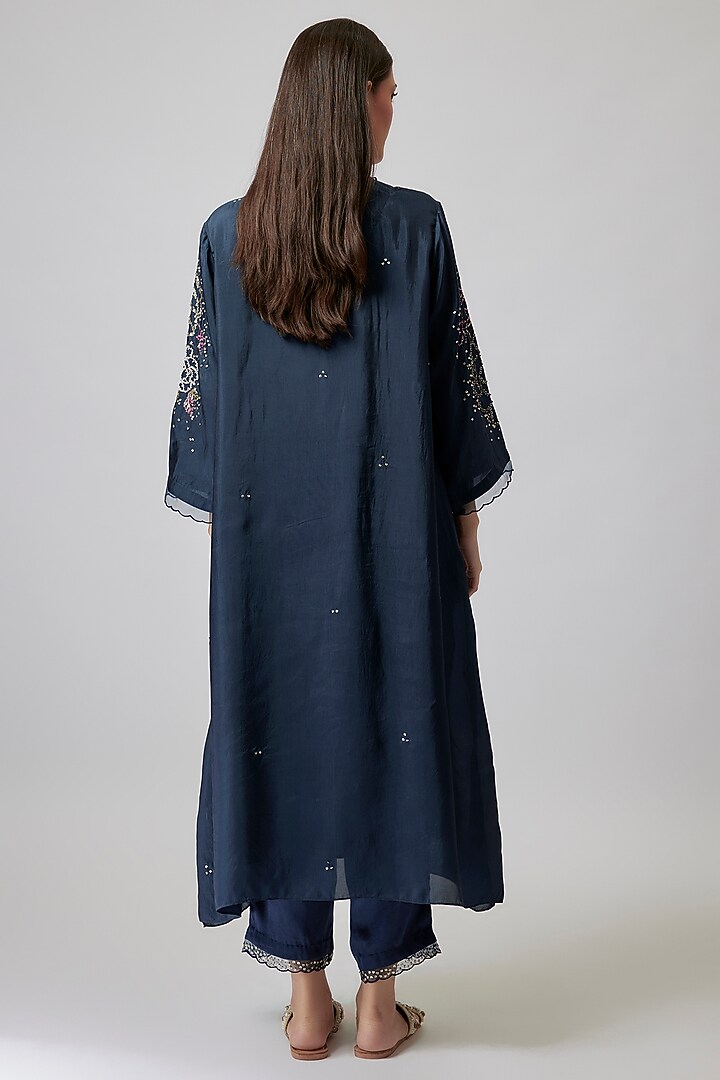 Navy Blue Viscose Silk & Silk Organza Hand Embroidered Kurta Set by One not two at Pernia's Pop Up Shop