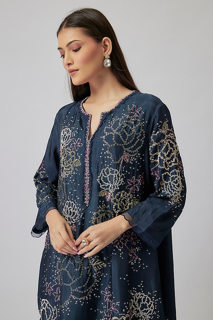 Navy Blue Viscose Silk & Silk Organza Hand Embroidered Kurta Set by One not two at Pernia's Pop Up Shop