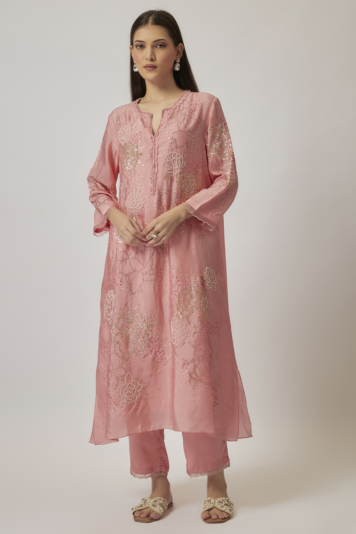 Peach Viscose Silk & Silk Organza Hand Embroidered Kurta Set by One not two at Pernia's Pop Up Shop