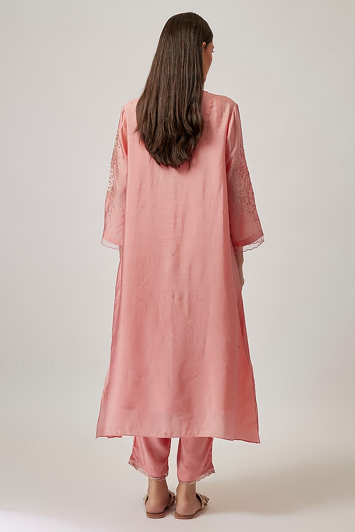 Peach Viscose Silk & Silk Organza Hand Embroidered Kurta Set by One not two at Pernia's Pop Up Shop