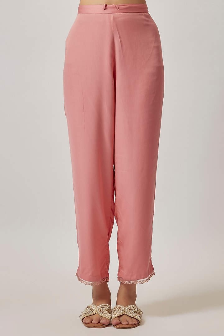 Peach Viscose Silk & Silk Organza Hand Embroidered Kurta Set by One not two at Pernia's Pop Up Shop