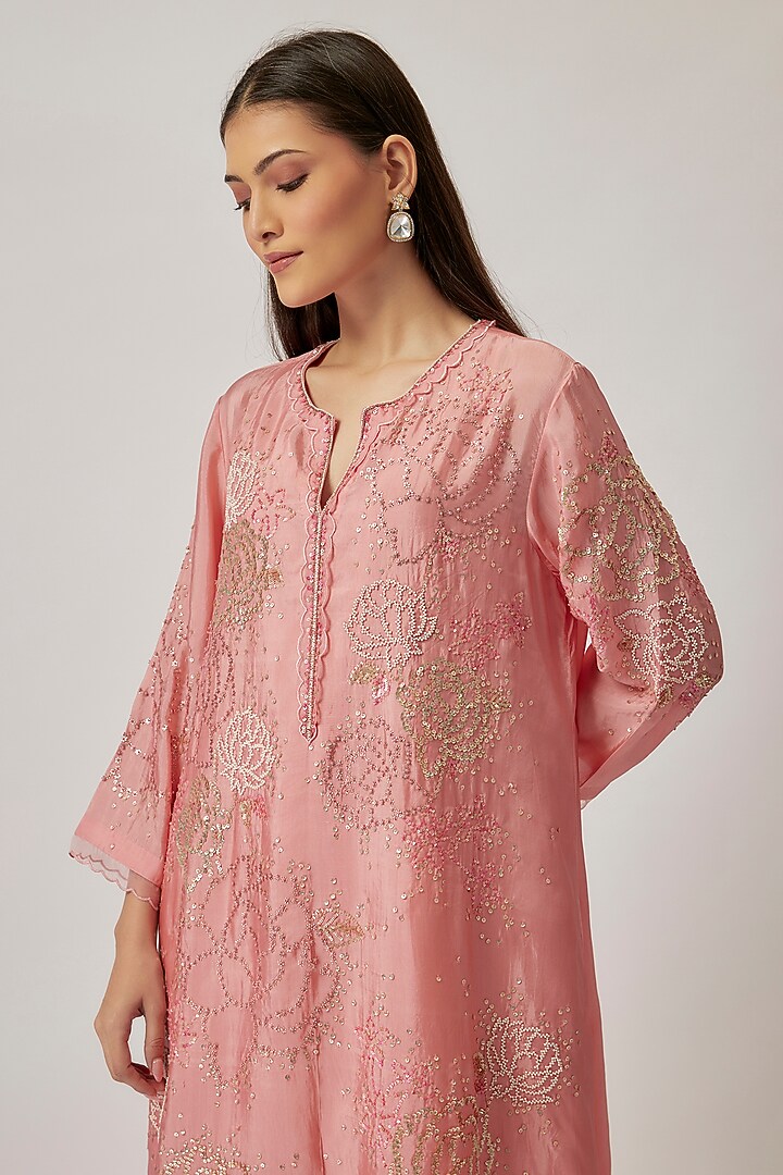 Peach Viscose Silk & Silk Organza Hand Embroidered Kurta Set by One not two at Pernia's Pop Up Shop