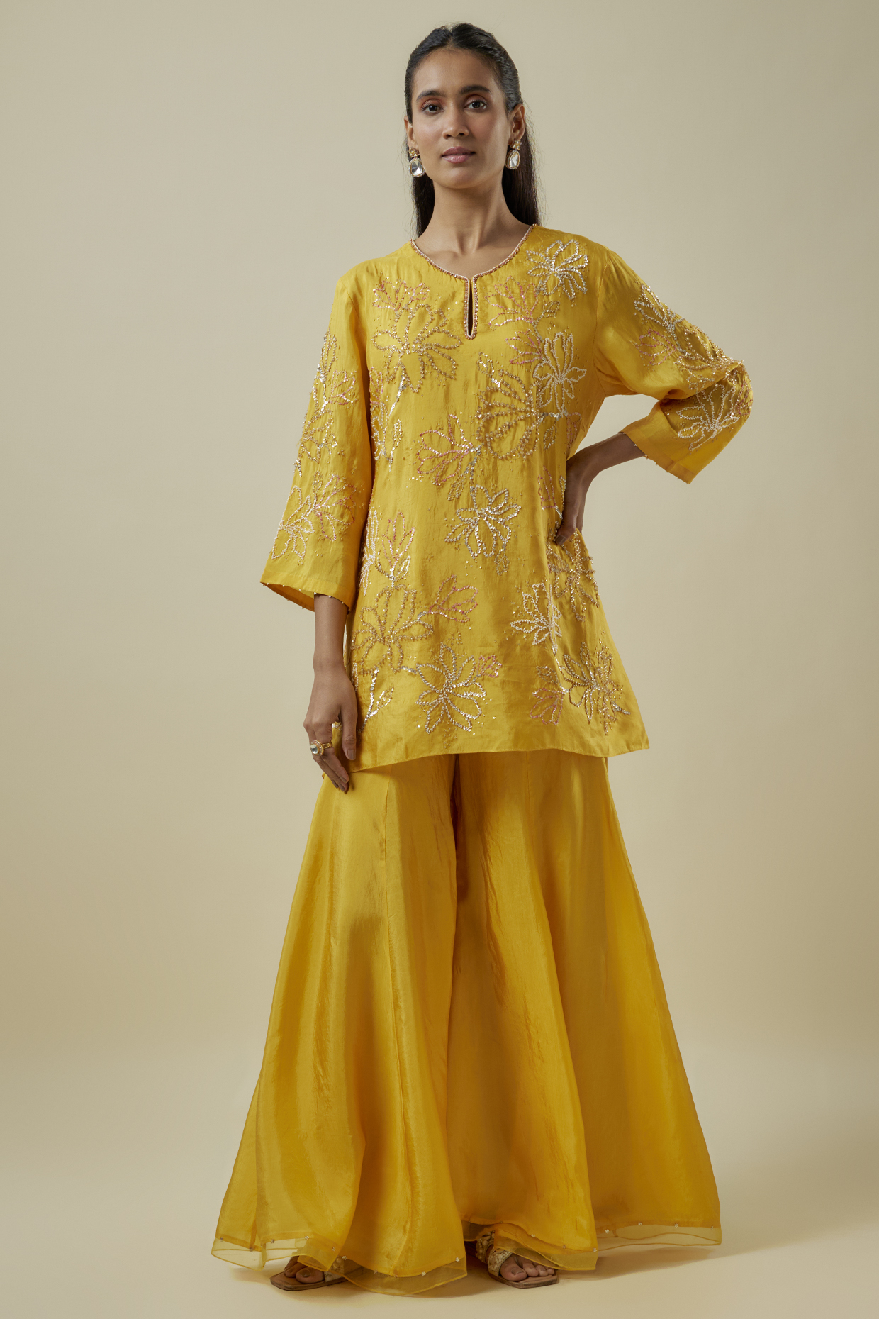 Golden Yellow Viscose Silk Hand Embroidered Kurta Set by One not two at Pernia's Pop Up Shop